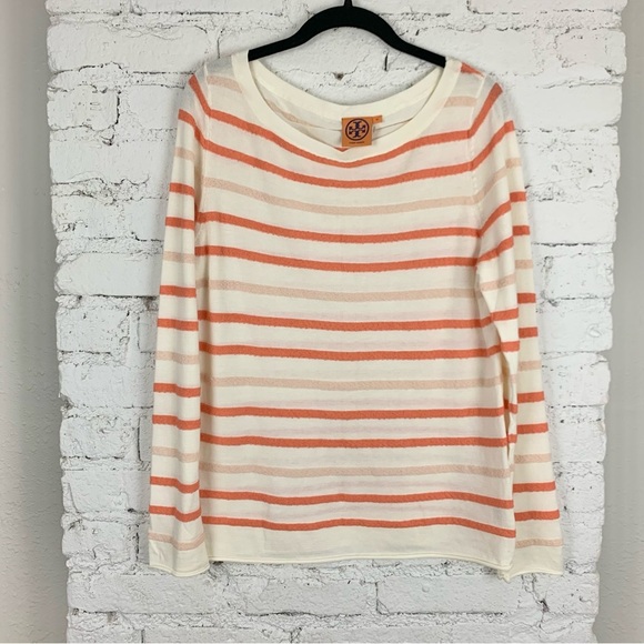Tory Burch Knit Orange Peach Striped Boat Neck Sweater Textured XL - Picture 2 of 9